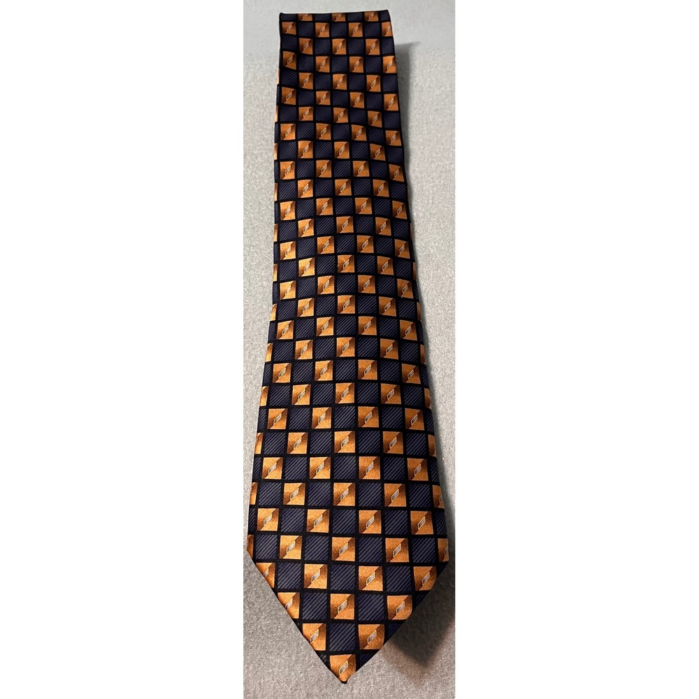 Gasparo Mens‎ Silk Tie Navy Blue Orange Geometric Checkerboard Handmade Necktie